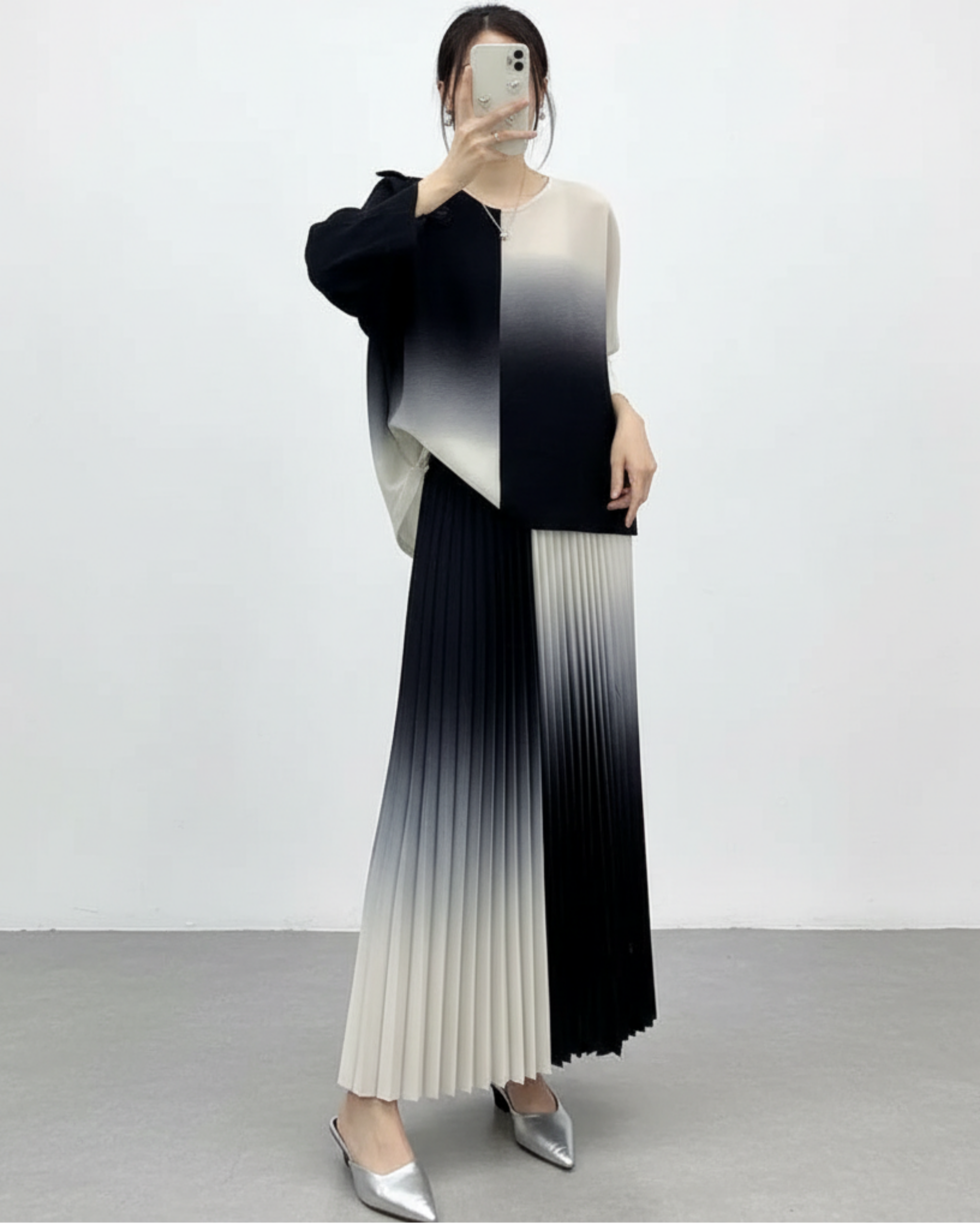 Monochrome Petite Couture Pleated Top and Long Formal Skirt