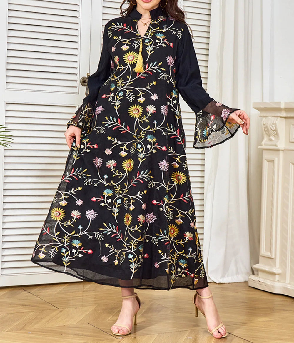 Not-Too-Formal Black Floral Embroidered Midi Dress with Bell Sleeves