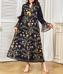 Not-Too-Formal Black Floral Embroidered Midi Dress with Bell Sleeves