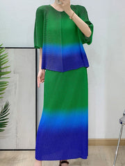 Ombré Pleated Midi Pull-On Skirt Co-Ord Set