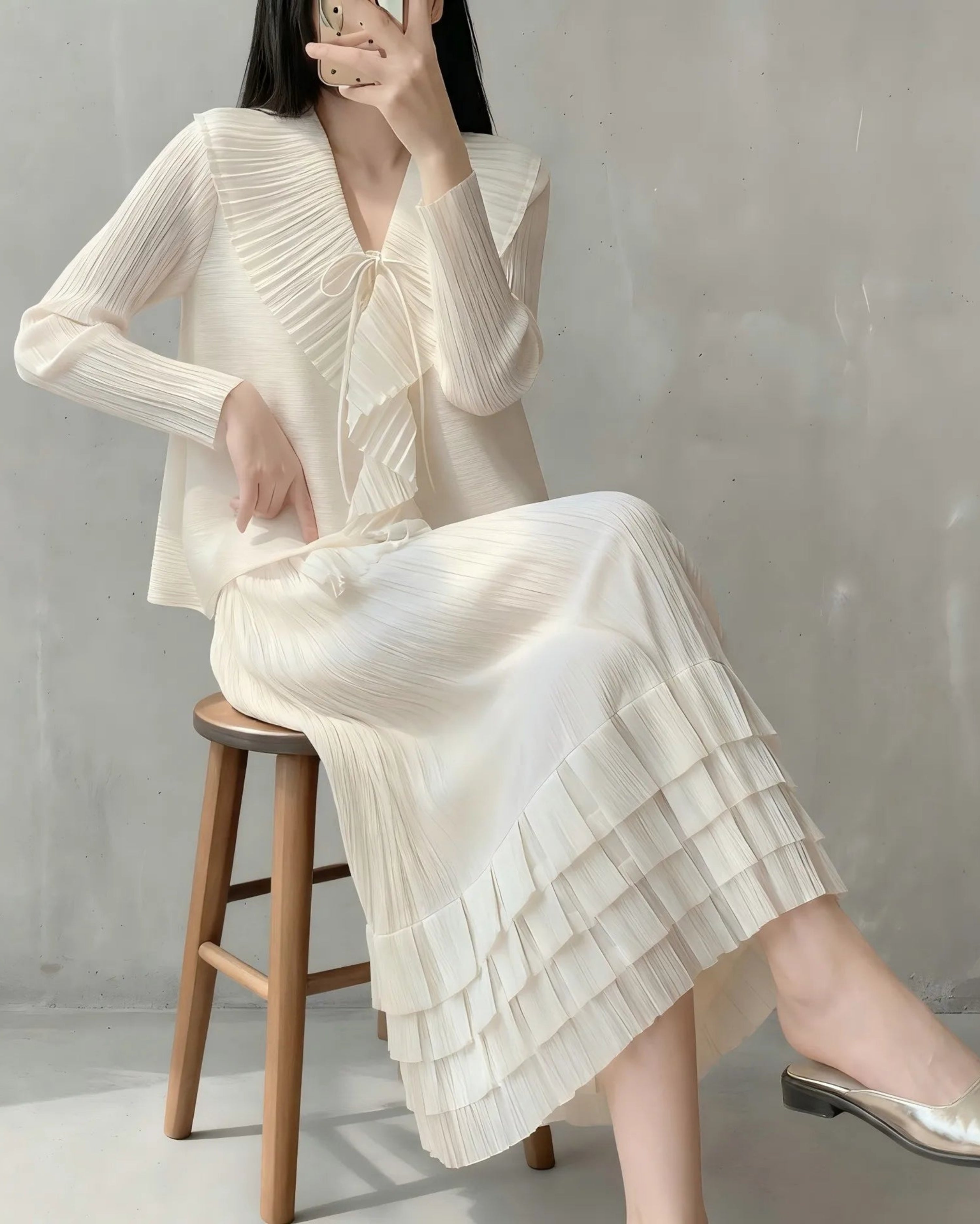 Petite-Friendly Luxury Plissé Blouse and Skirt Set