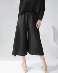 Petite Japanese Plissé Pleated Cropped Wide Leg Pants Women – Horizontal Pleated Designer Trousers Elegant Fit