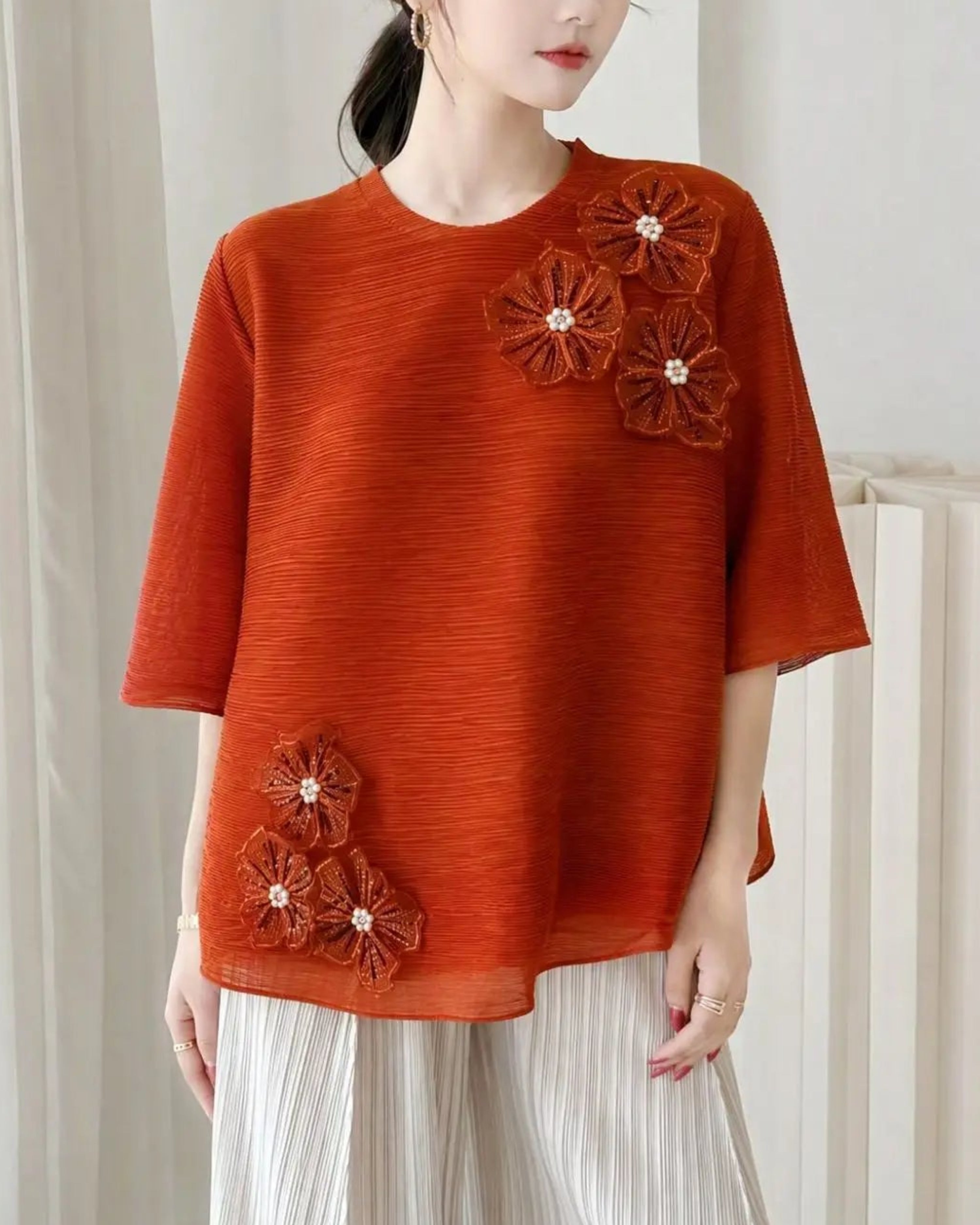 Petite Modest Plissé Pleats Pearl Floral Appliqué Top