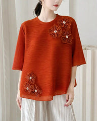 Petite Modest Plissé Pleats Pearl Floral Appliqué Top