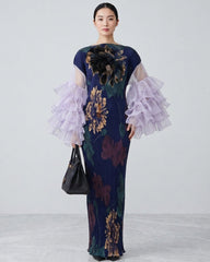 Plissé Organza Bell-Sleeve Maxi Dress