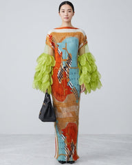 Plissé Organza Bell-Sleeve Maxi Dress