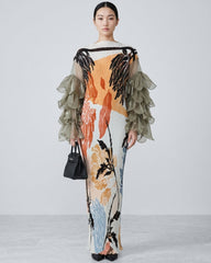 Plissé Organza Bell-Sleeve Maxi Dress