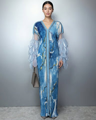 Plissé Organza Bell-Sleeve Maxi Dress