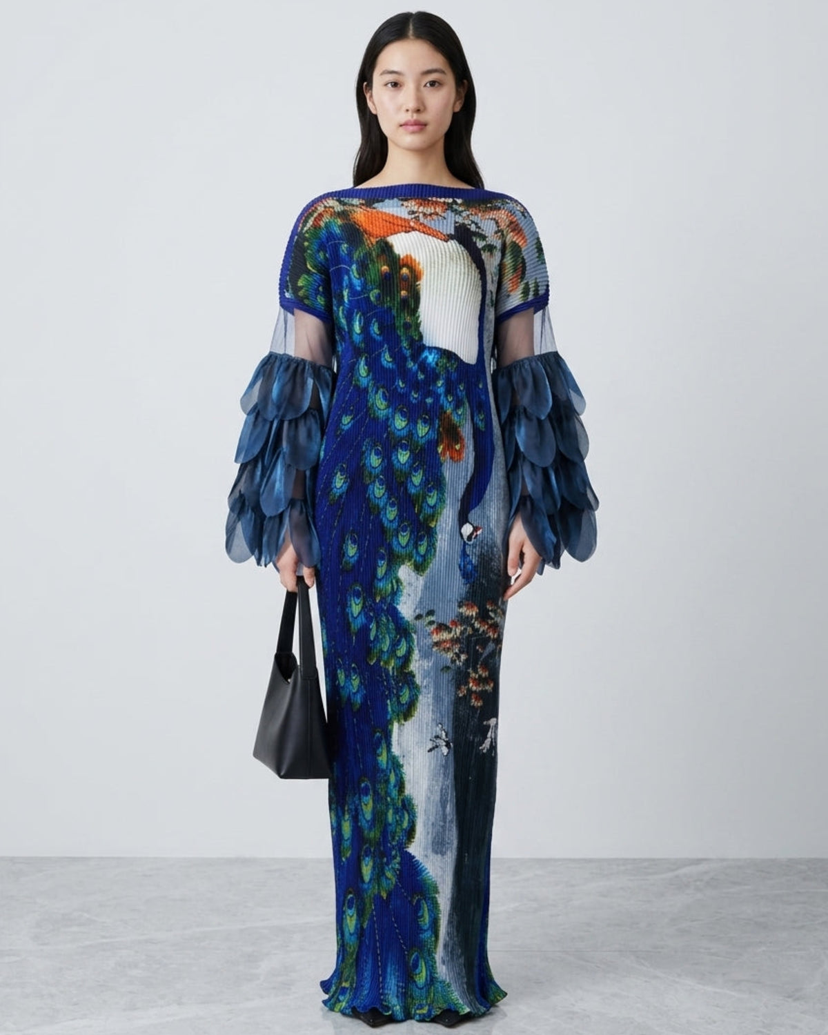 Plissé Organza Bell-Sleeve Maxi Dress