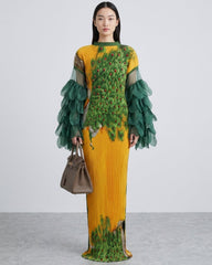 Plissé Organza Bell-Sleeve Maxi Dress