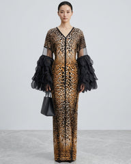 Plissé Organza Bell-Sleeve Maxi Dress