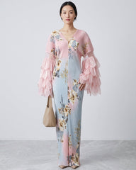 Plissé Organza Bell-Sleeve Maxi Dress