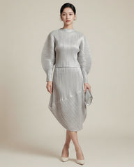 Pleated Dressy Asymmetric Skirt And Blouse Set Japanese-Designer
