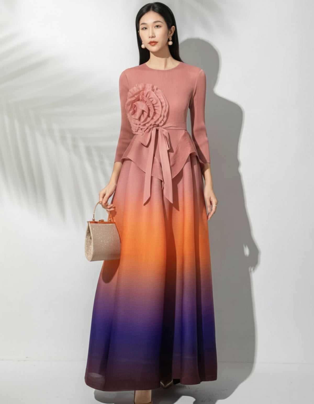 Pleated Floral Appliqué Midi Dress