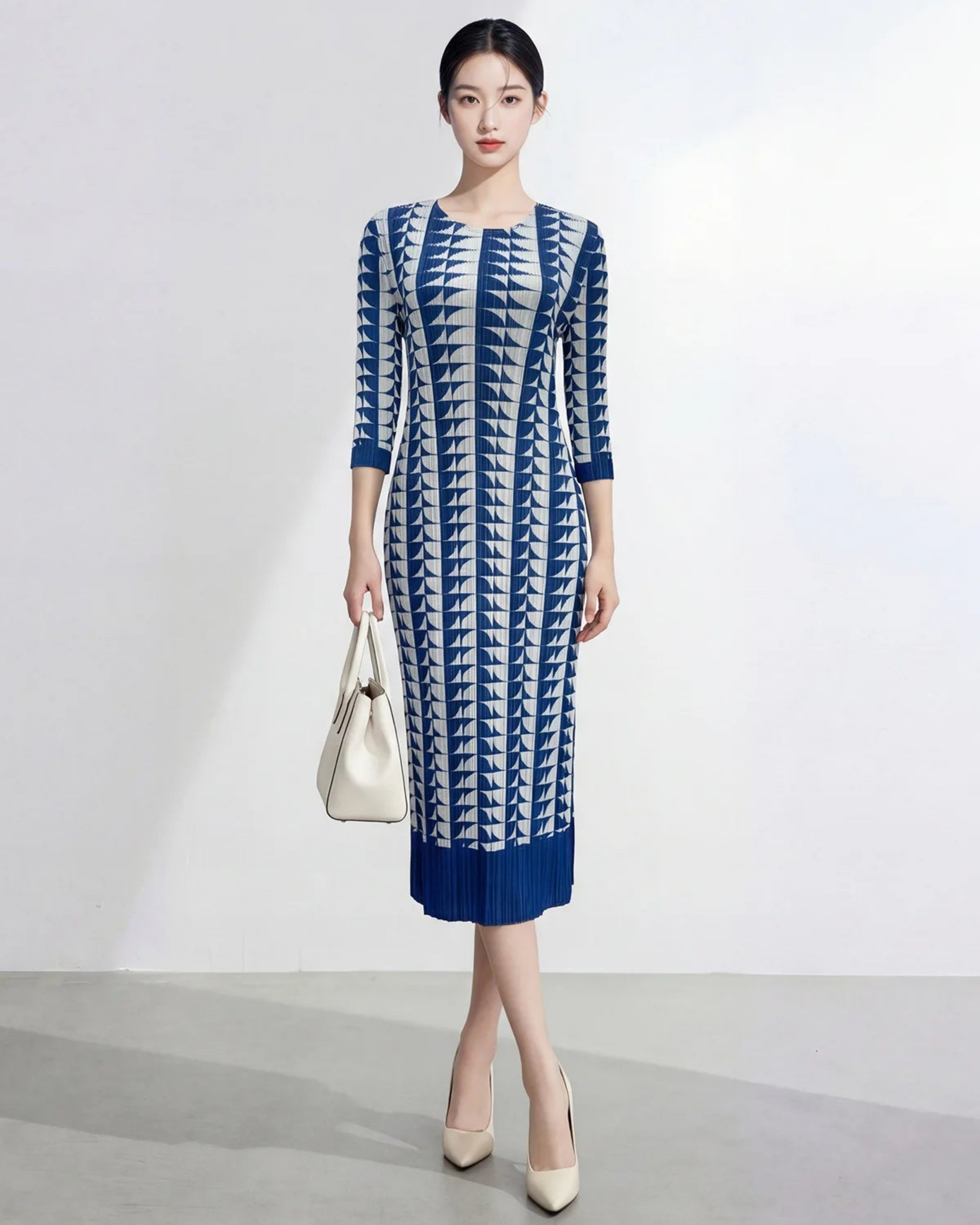 Pleated Japanese-Plissé 3/4 Sleeve Midi Dress Designer