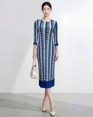Pleated Japanese-Plissé 3/4 Sleeve Midi Dress Designer