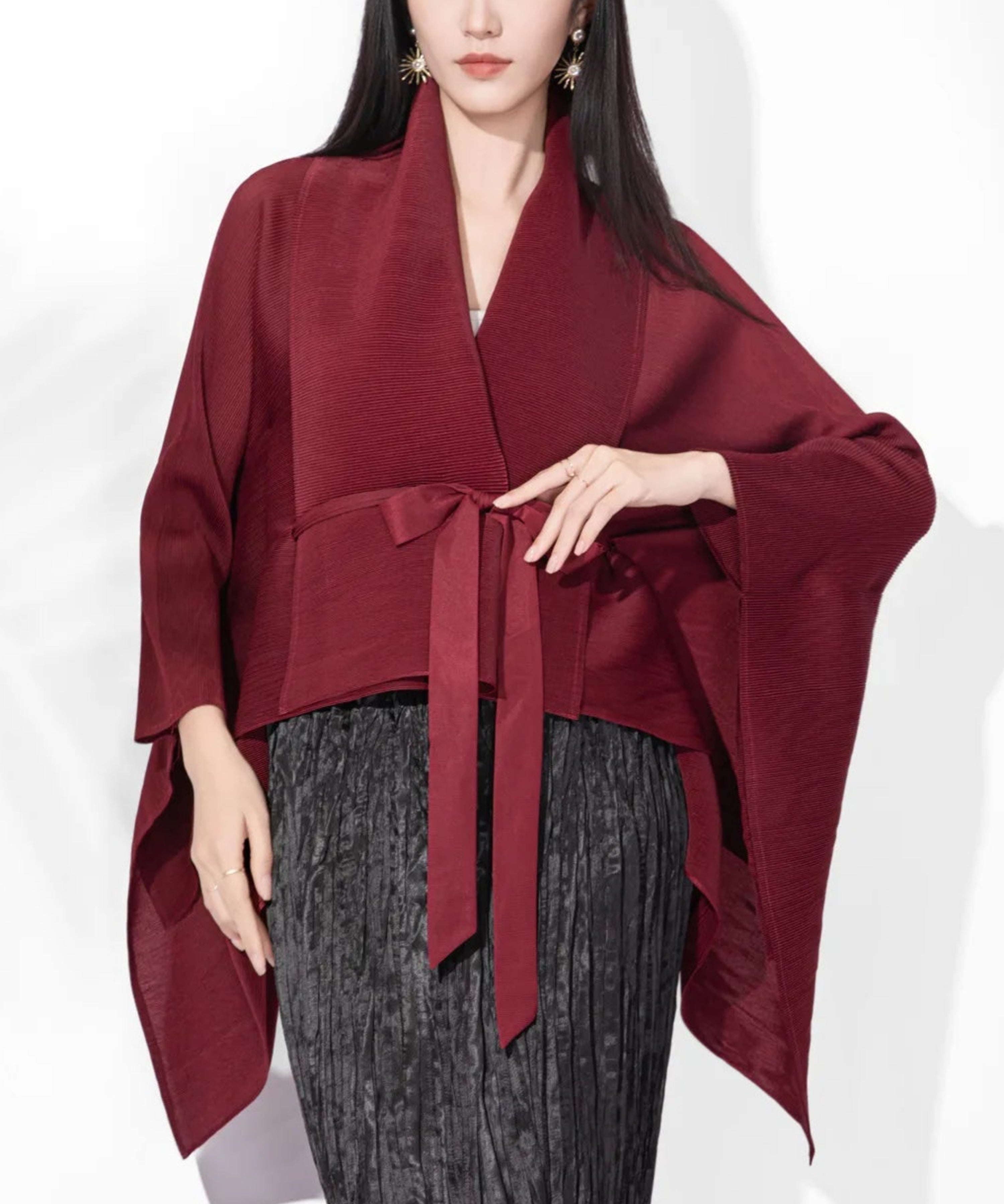Pleated Kimono Wrap Cardigan Coat Women – Japanese Plissé Pleated Draped Lightweight Designer Elegant Outerwear