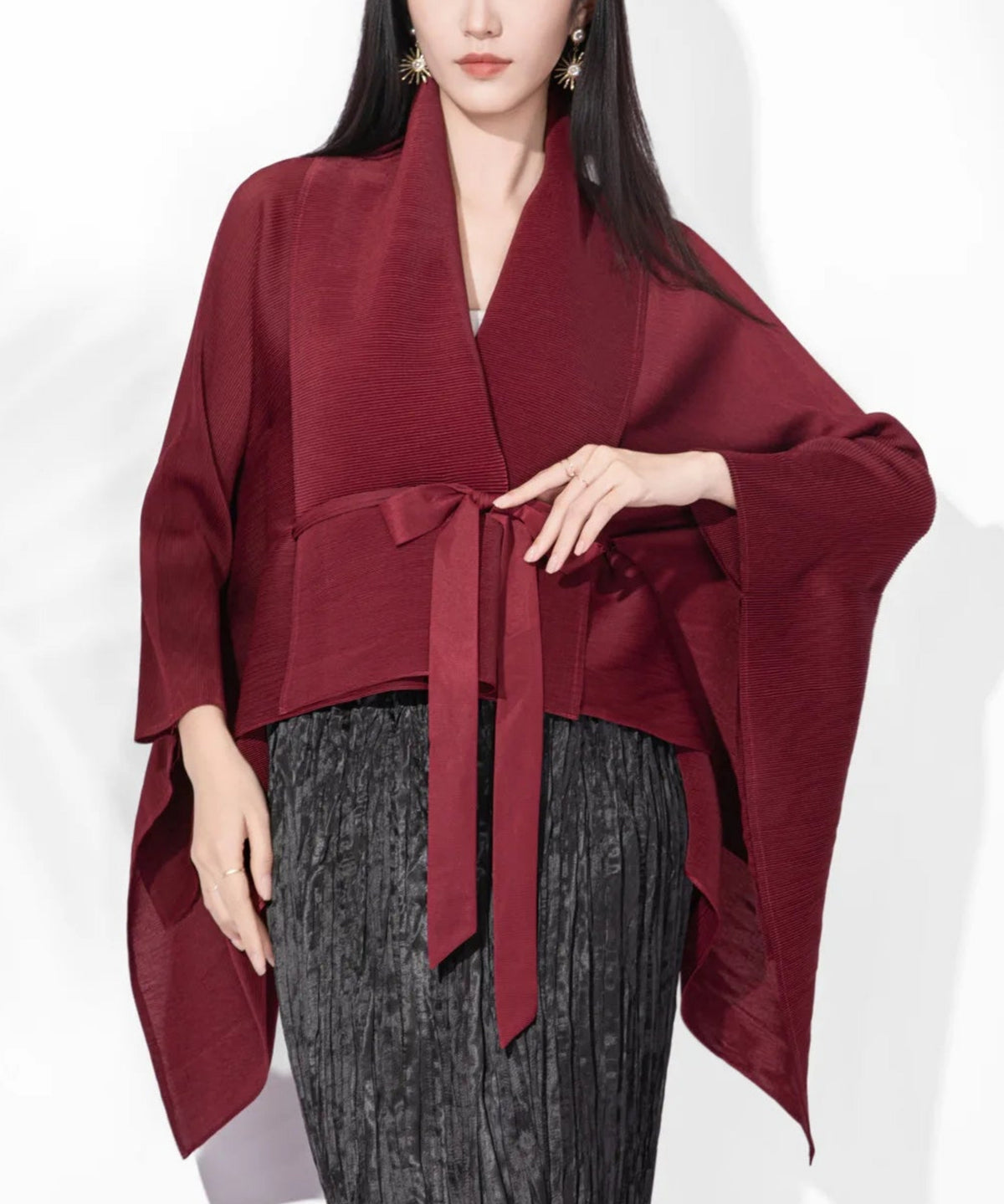 Pleated Kimono Wrap Cardigan Coat Women – Japanese Plissé Pleated Draped Lightweight Designer Elegant Outerwear