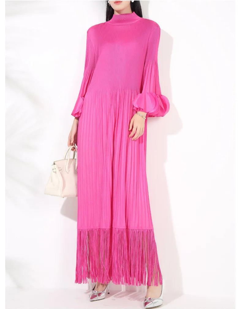 Pleated Long Sleeve Midi Dress with Tassels - Pink