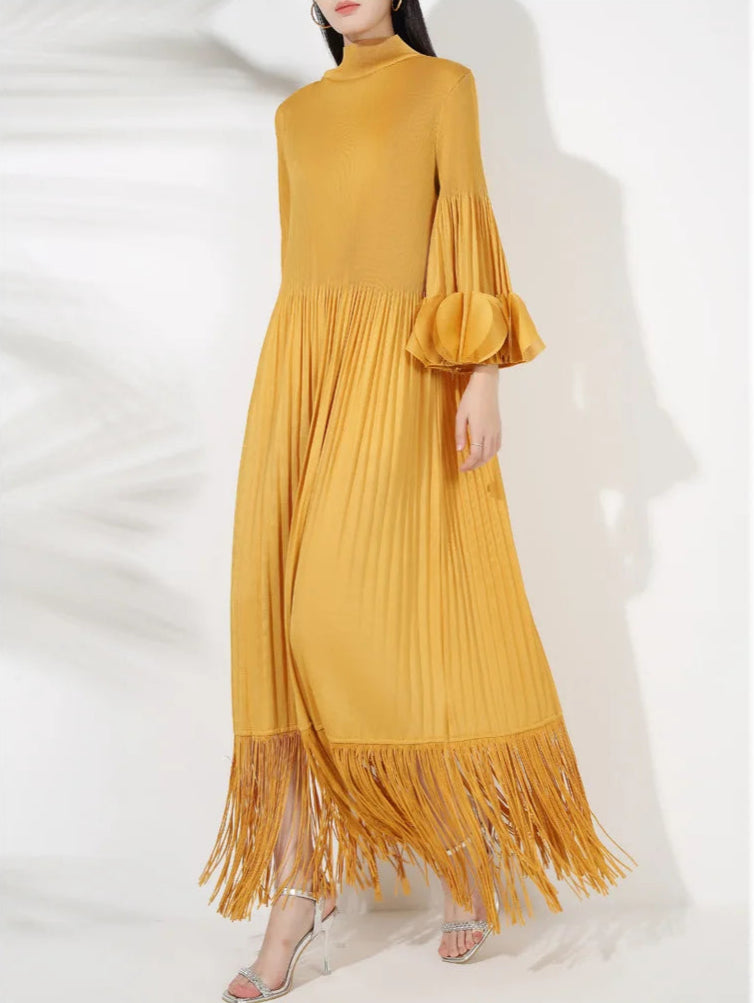 Pleated Long Sleeve Midi Dress with Tassels