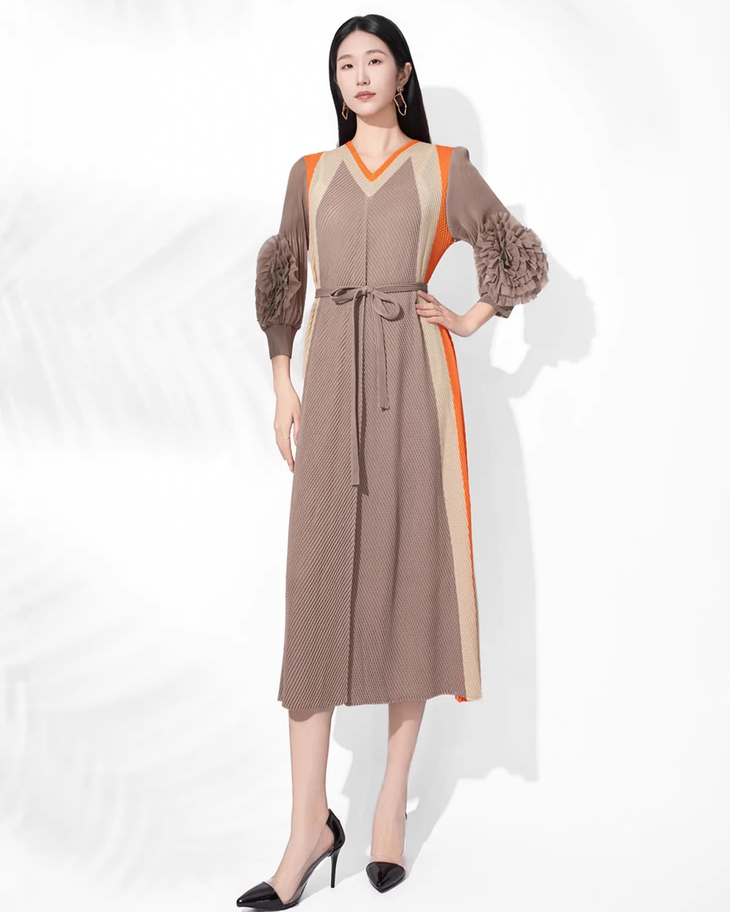 Pleated Midi Dress Women Puff Sleeve Plissé Self-Tie Japanese-Designer