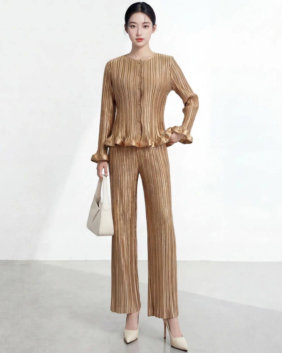 Pleated Palazzo Pants and Blouse Set Petite Designer