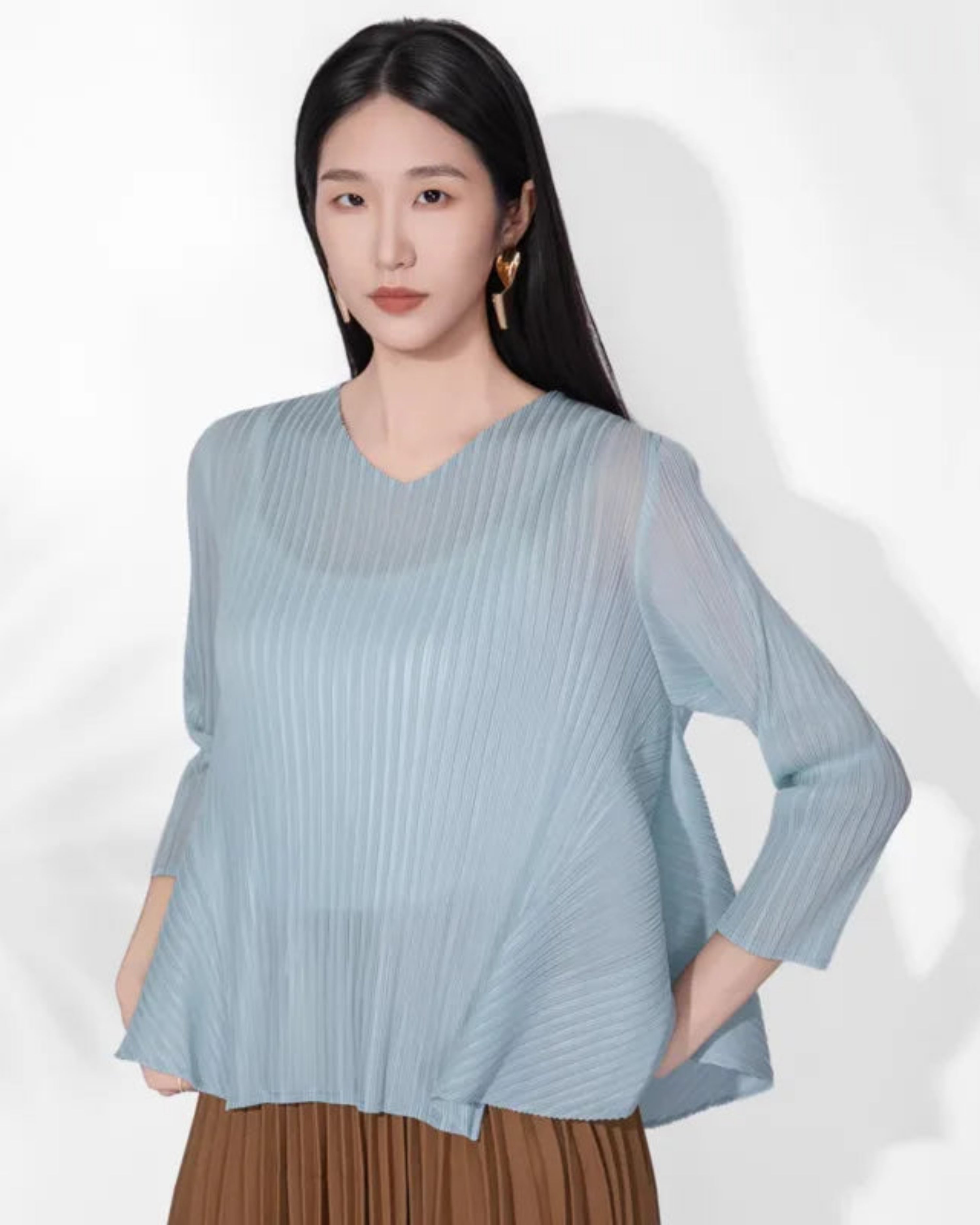 Pleated Plissé 3/4 Sleeve Top Women Petite Designer