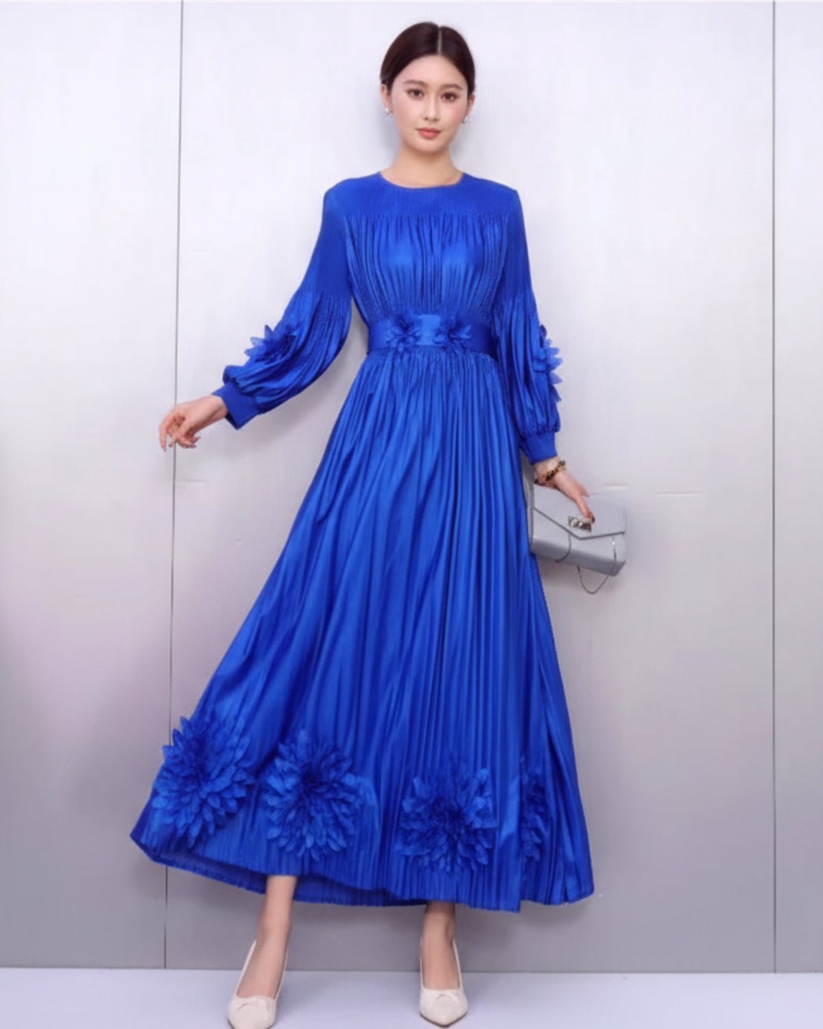 Pleated Plissé Midi Dress Women Long Sleeve Floral Designer