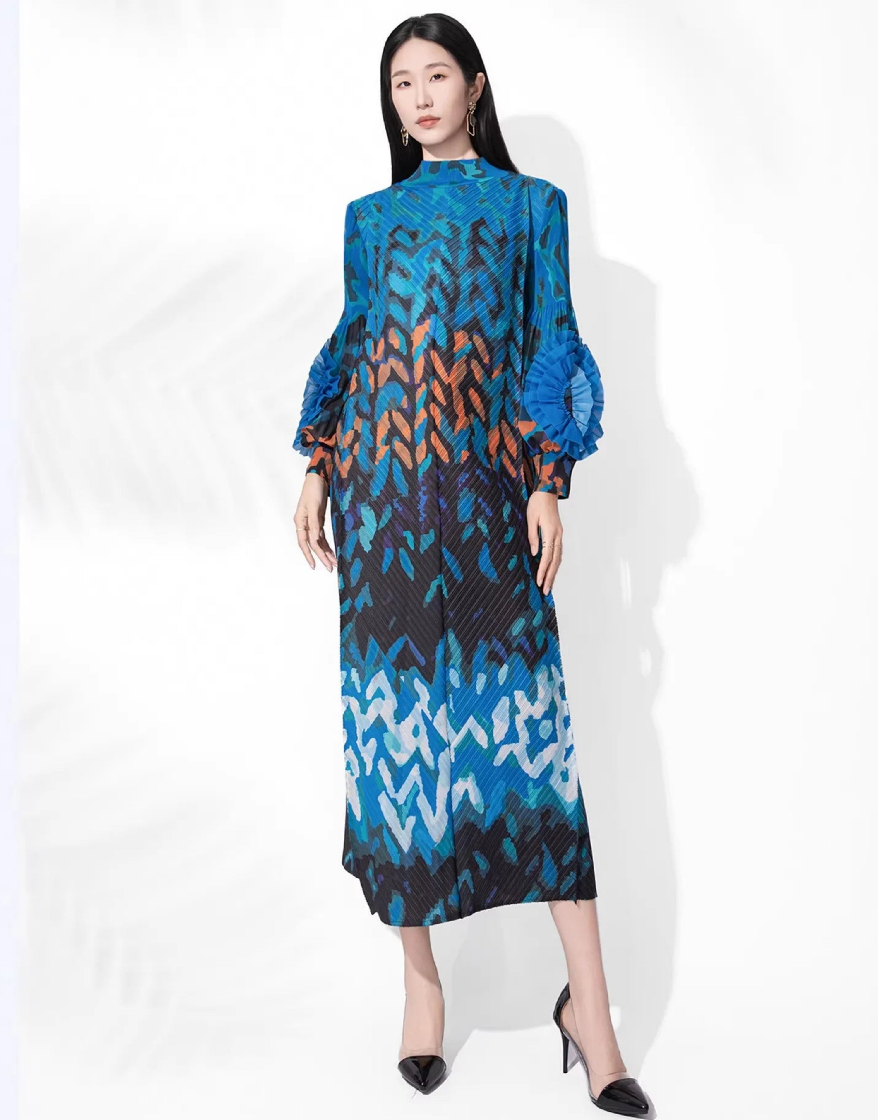Pleated Plissé Midi Dress Women Long Sleeve Geometric Designer