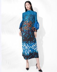 Pleated Plissé Midi Dress Women Long Sleeve Geometric Designer