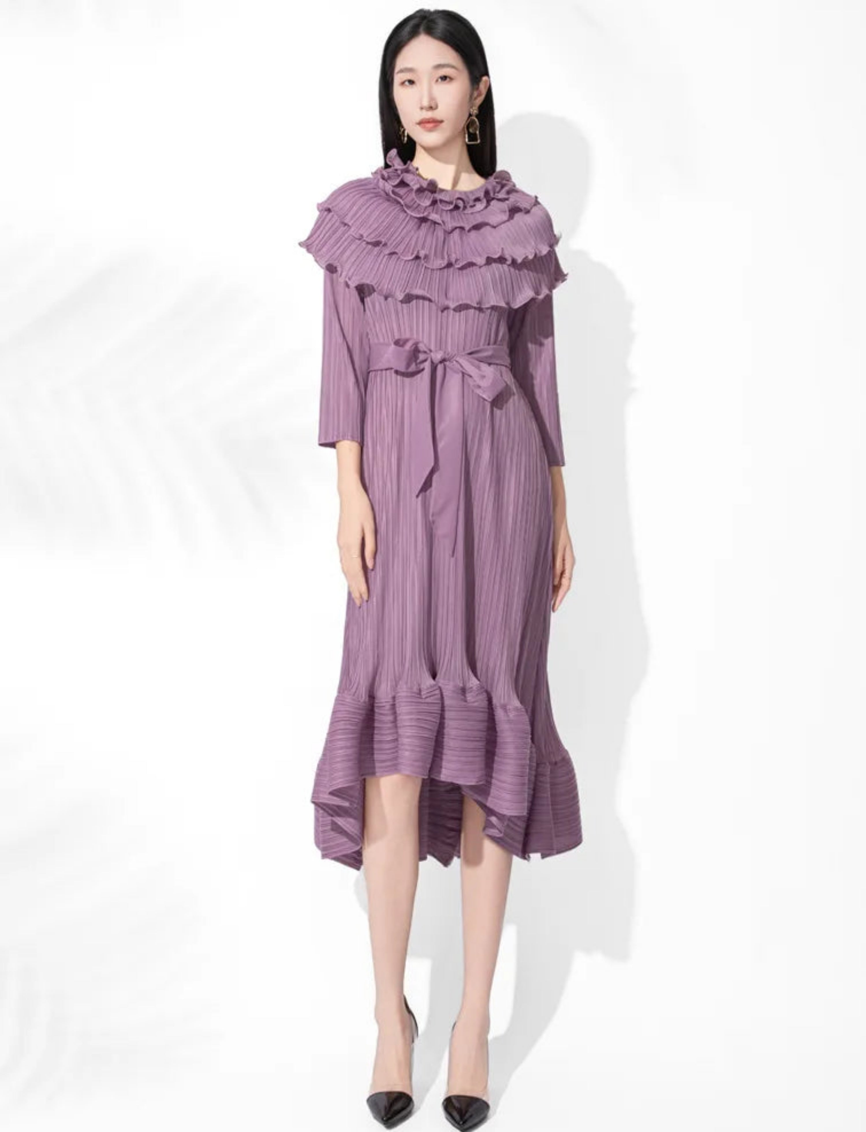 Pleated Plissé Midi Dress with Sleeves Women Petite Japanese-Designer