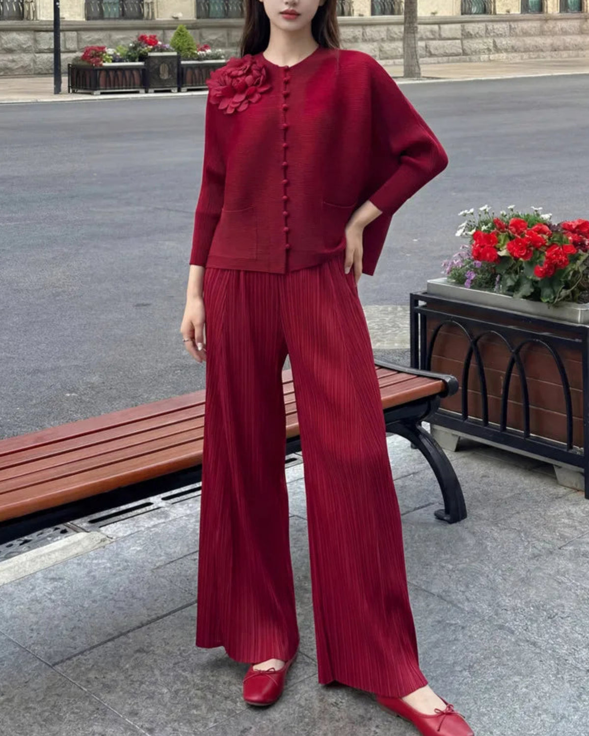 Pleated Plissé Top and Palazzo Pants Set Women Petite Designer Two-Piece Suit