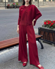 Pleated Plissé Top and Palazzo Pants Set Women Petite Designer Two-Piece Suit