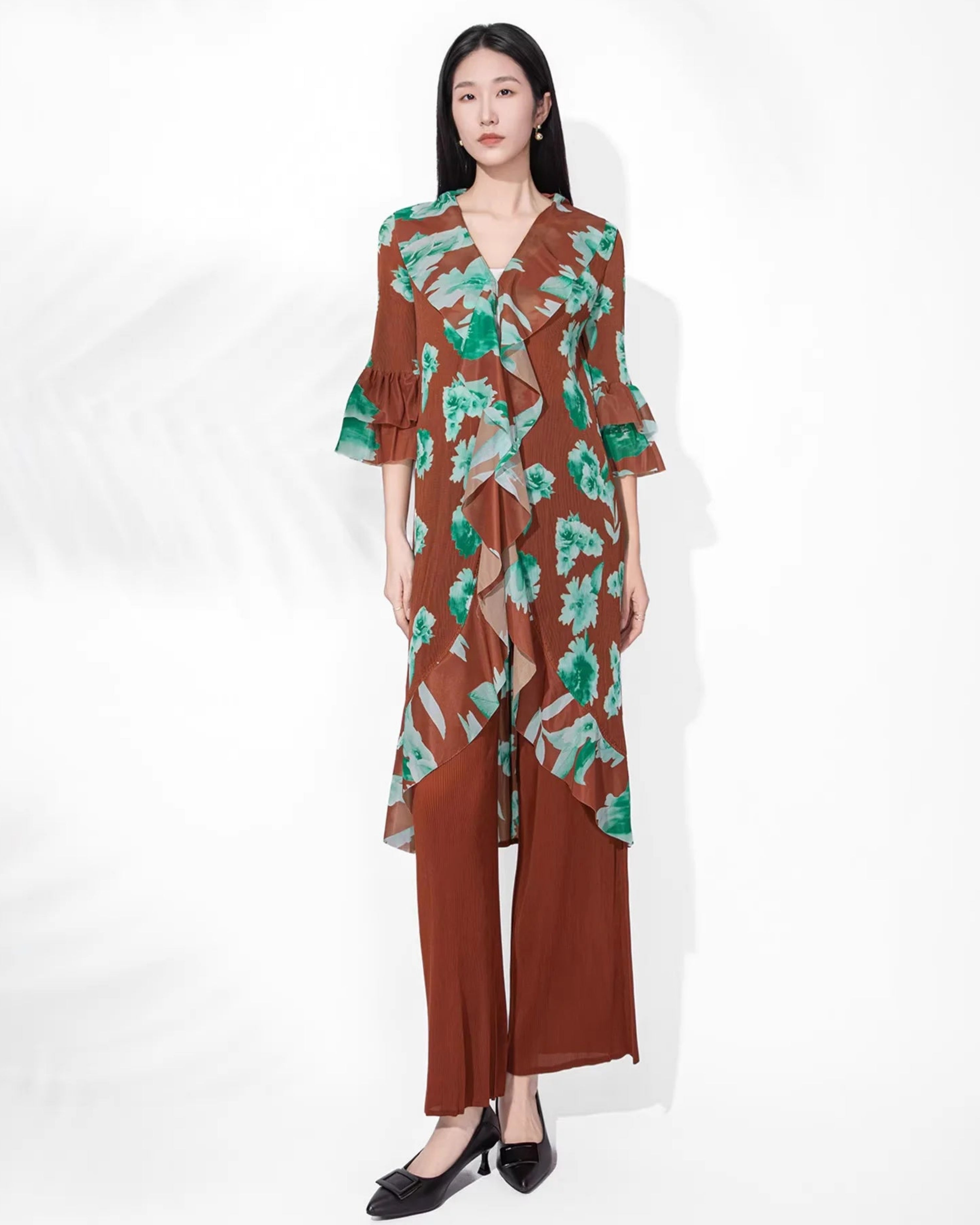 Pleated Plissé Tunic Top Palazzo Pants Set Japanese Pleated Clothing - Petite Pleated Palazzo Pants Set - Travel Dressy Pleated Tunic Set