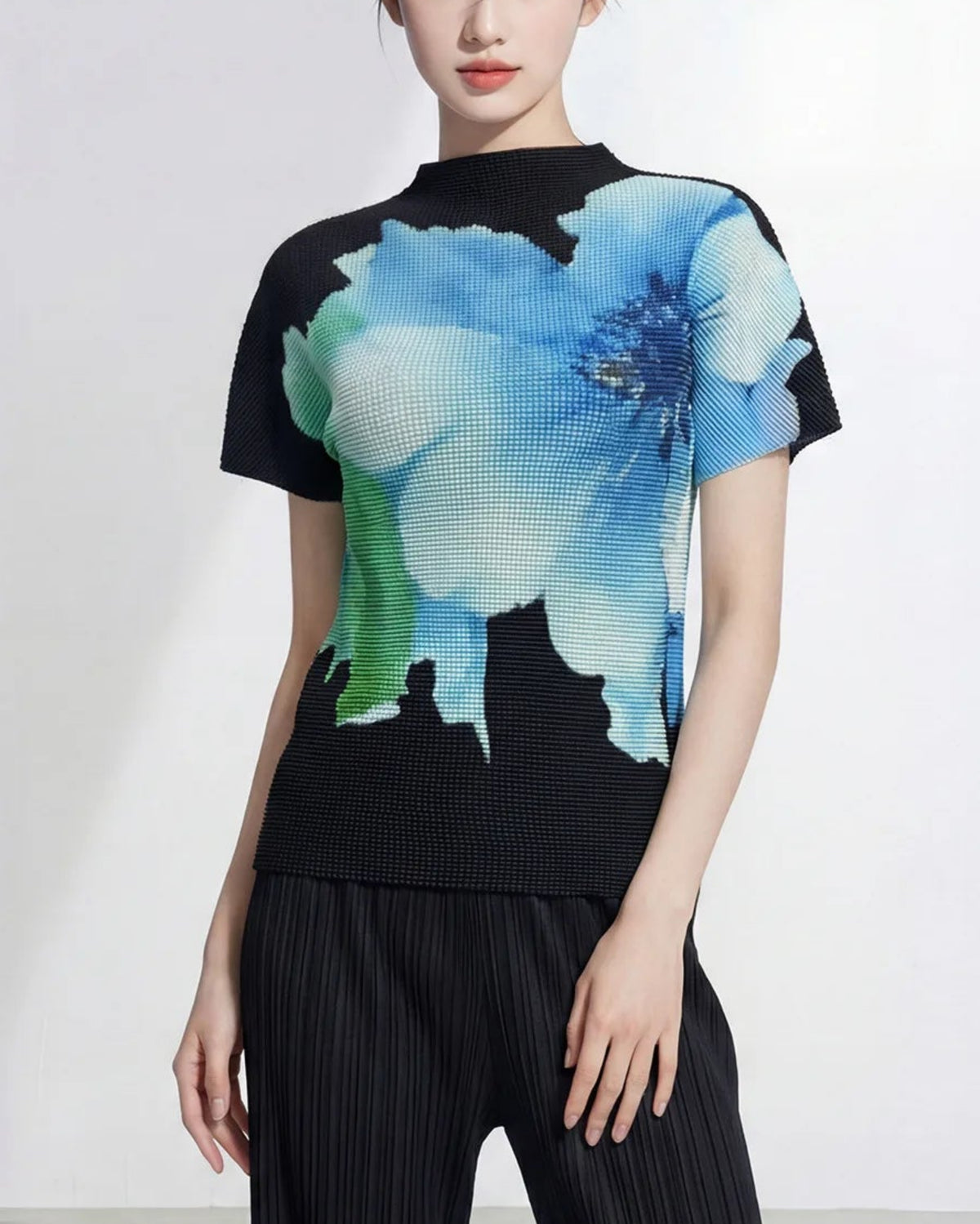 Pleated Short-Sleeve Mock Neck Luxury Japanese-Designer Top