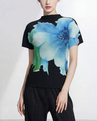 Pleated Short-Sleeve Mock Neck Luxury Japanese-Designer Top