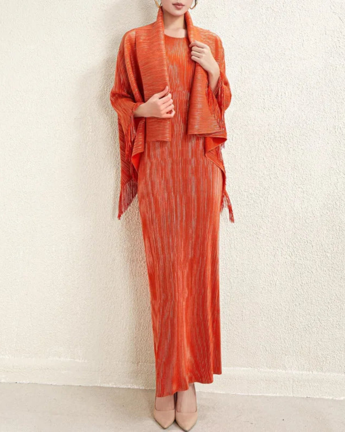Pleats Pleated Plissé Sleeveless Midi Dress with Matching Fringe Shawl