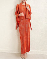 Pleats Pleated Plissé Sleeveless Midi Dress with Matching Fringe Shawl
