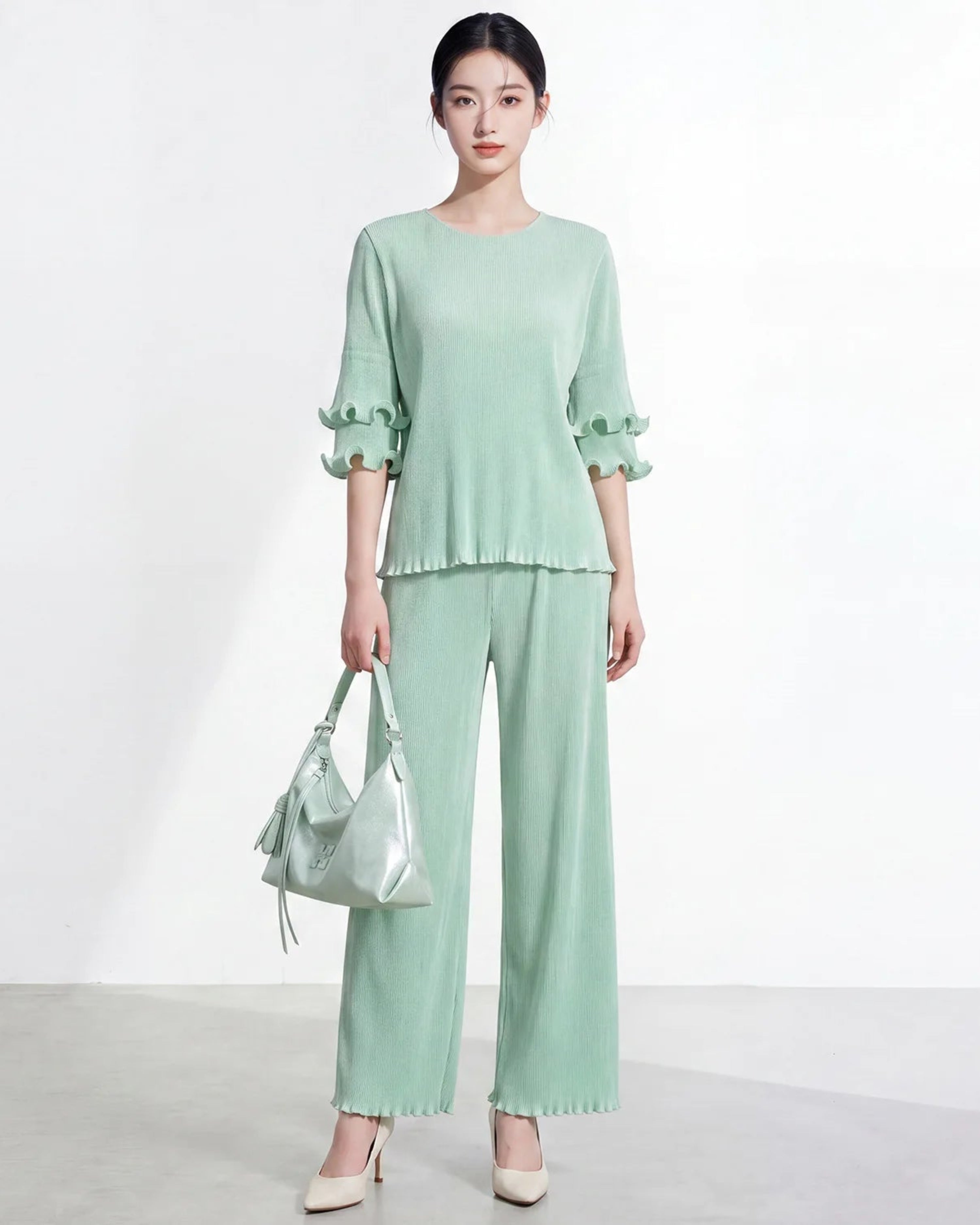 Pleats Pleated Plissé Top Long Sleeve Dressy Pant Suit - Petite Designer Formal Couture Set
