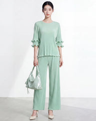 Pleats Pleated Plissé Top Long Sleeve Dressy Pant Suit - Petite Designer Formal Couture Set