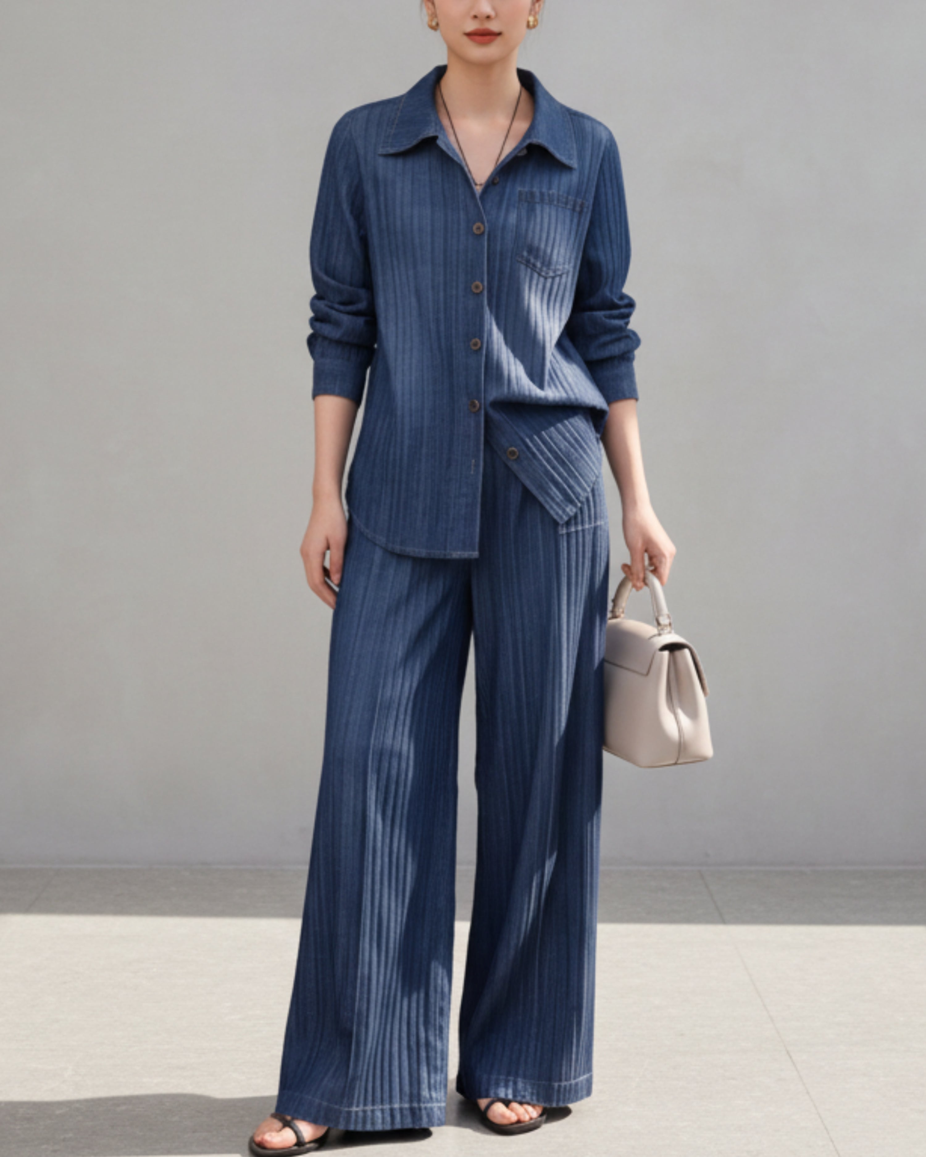 Pleats Plissé Denim Print Wide-Leg Pants Set