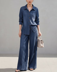 Pleats Plissé Denim Print Wide-Leg Pants Set