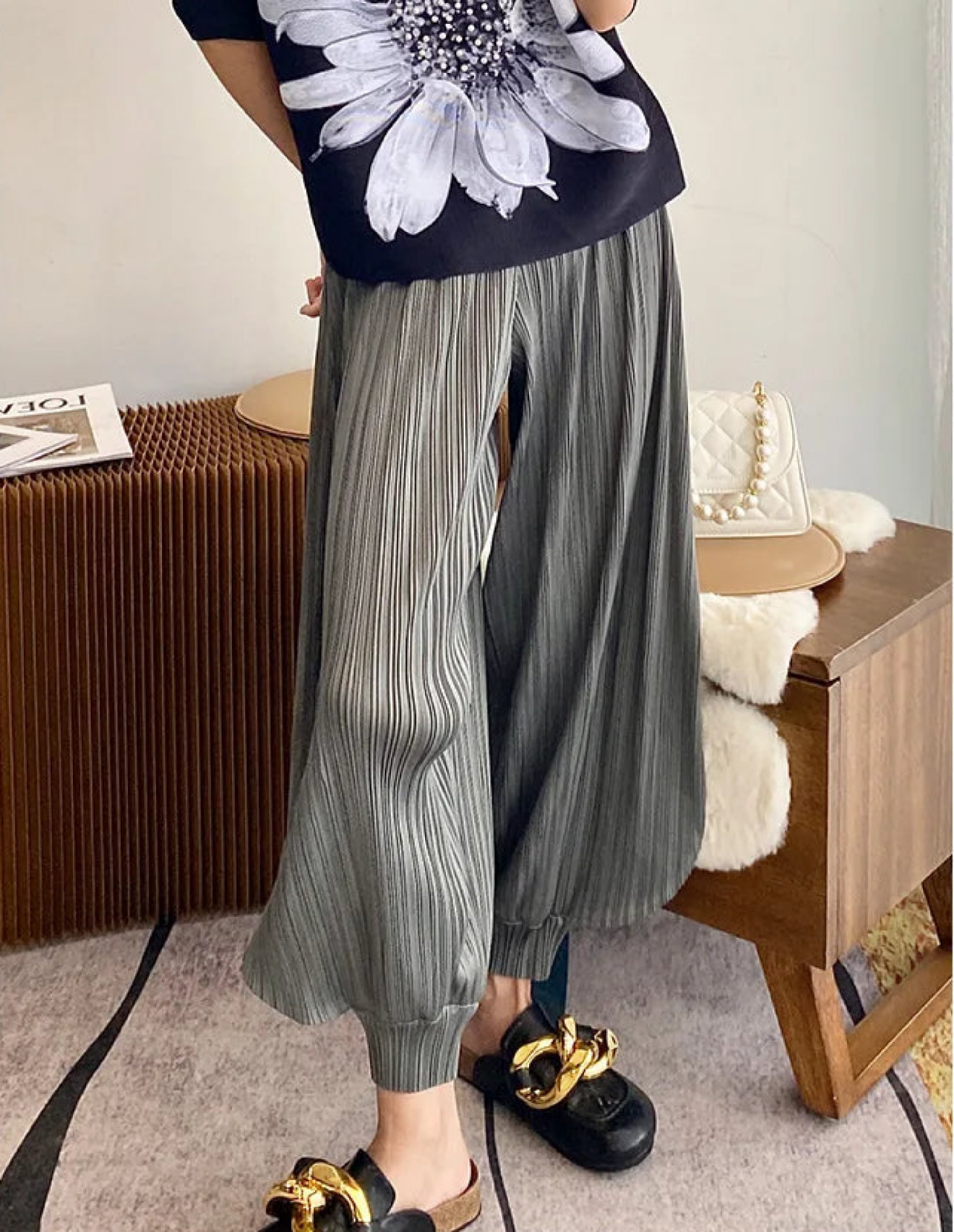 Pleats Plissé High-Waisted Wide-Leg Trousers | Luxury Travel, Evening, Cruise | Cropped Fit & Elastic Waist