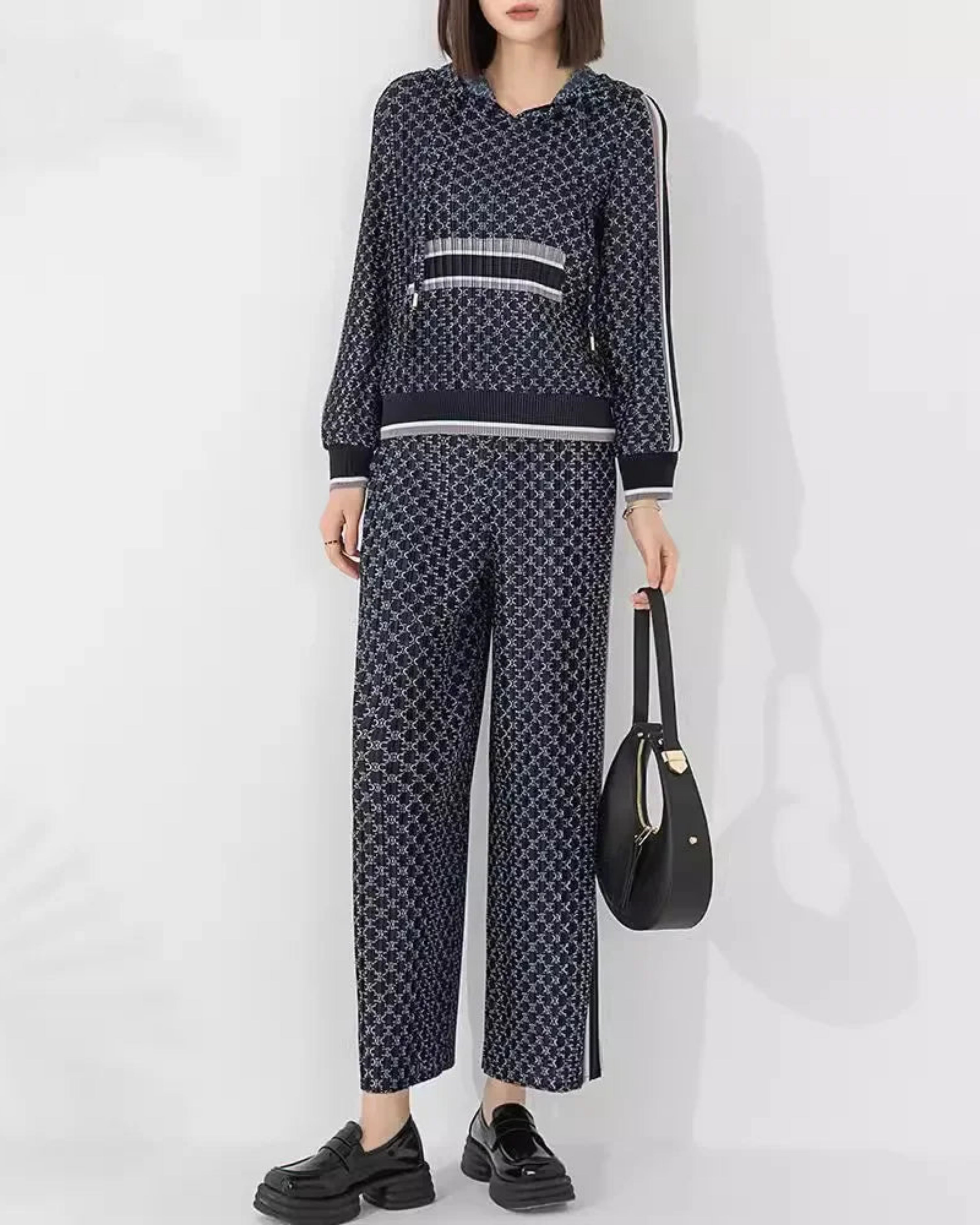 Pleats Plissé Pleated Hoodie Set | Luxury Work, Travel, Formal, Cruise | Wrinkle-Resistant