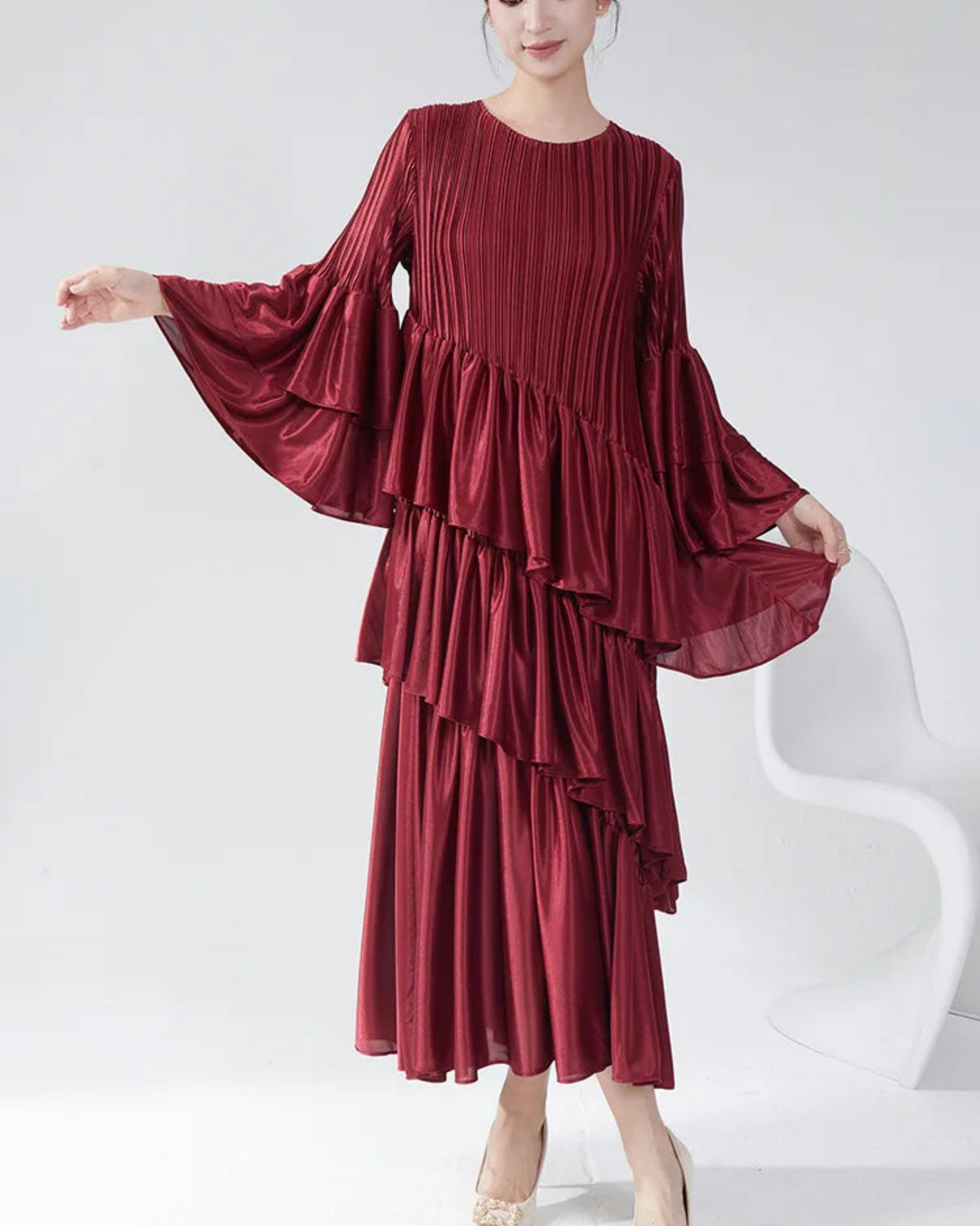 Pleats Plissé Pleated Midi Dress