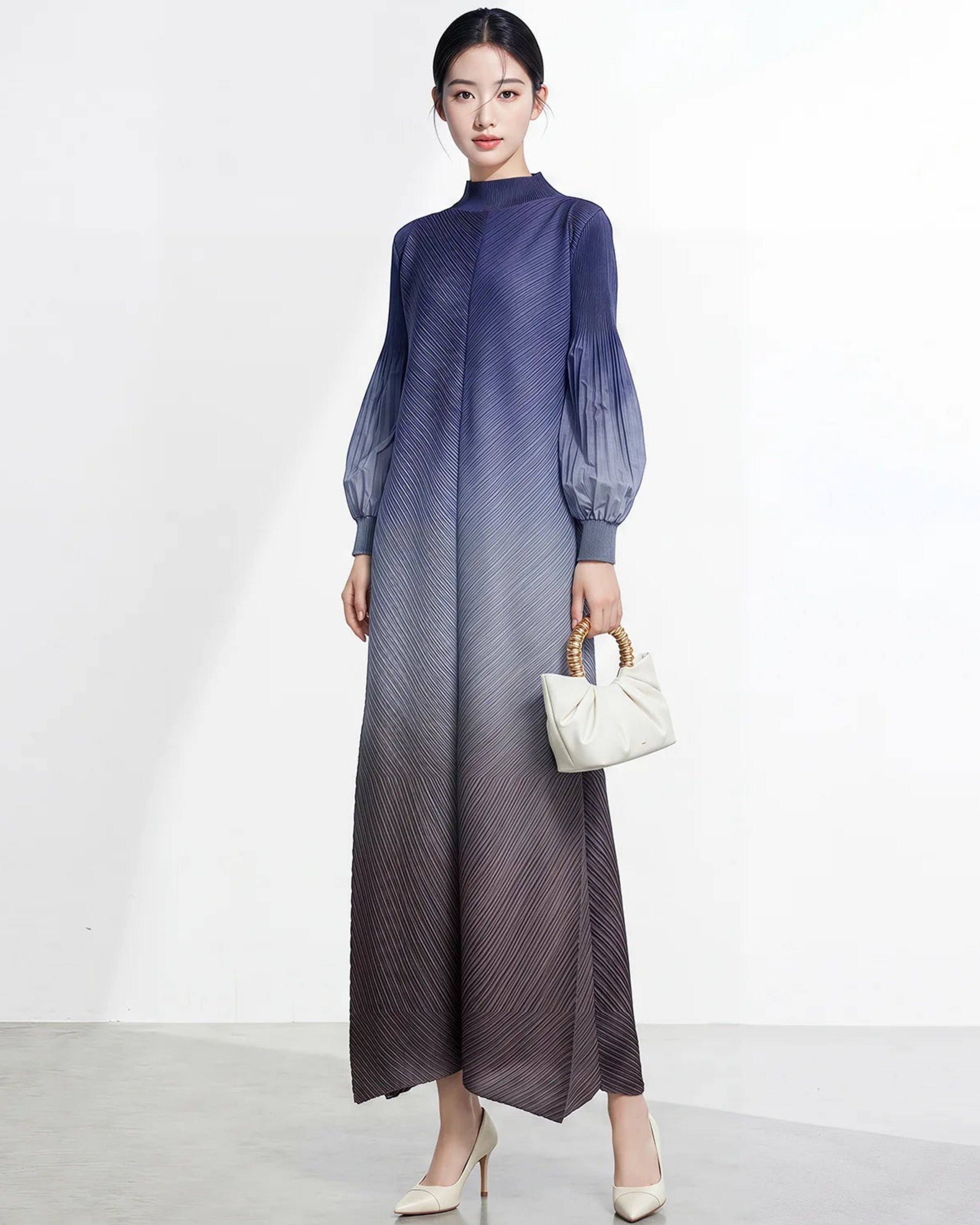 Pleats Plisse Gradient Long Sleeve Dress