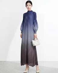 Pleats Plisse Gradient Long Sleeve Dress
