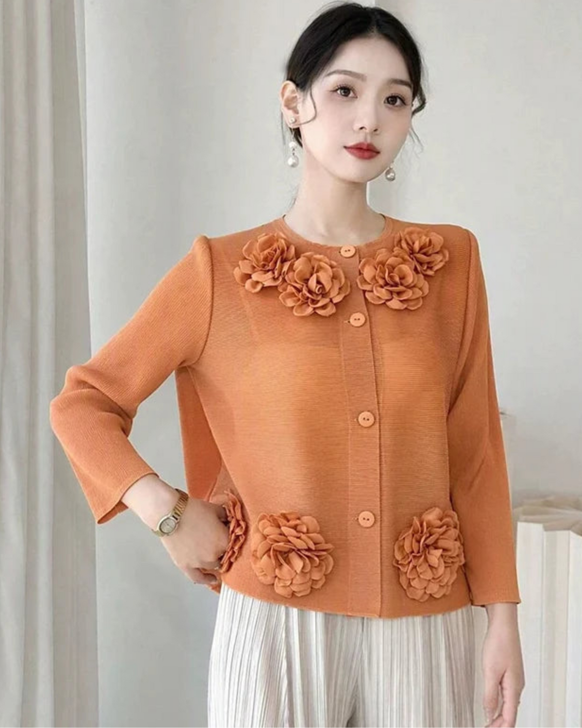 Pleats Plisse Top Petite Japanese Modest Button-Down Designer