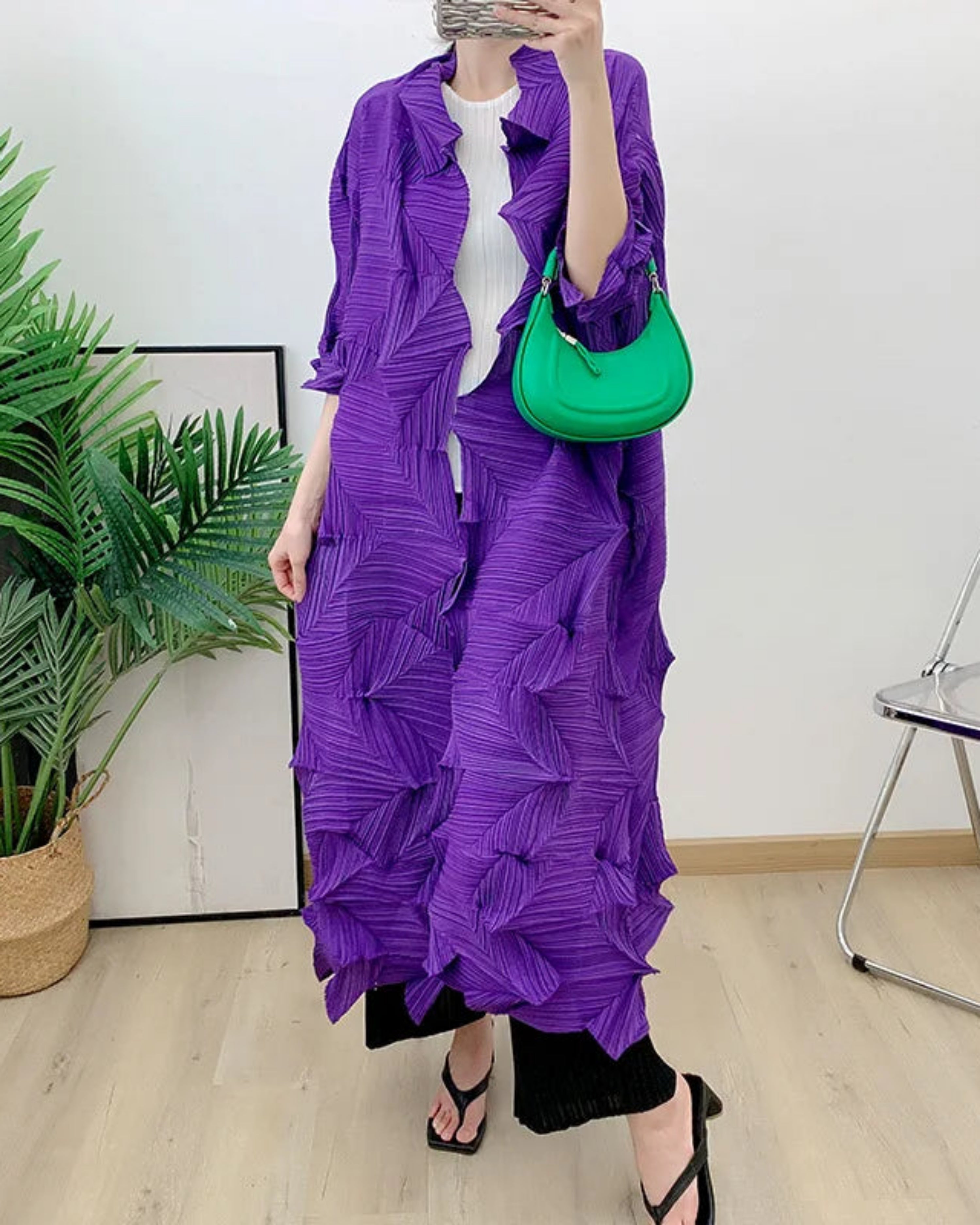 Pleats Style Textured Duster – Japanese Designer Pleated Cardigan