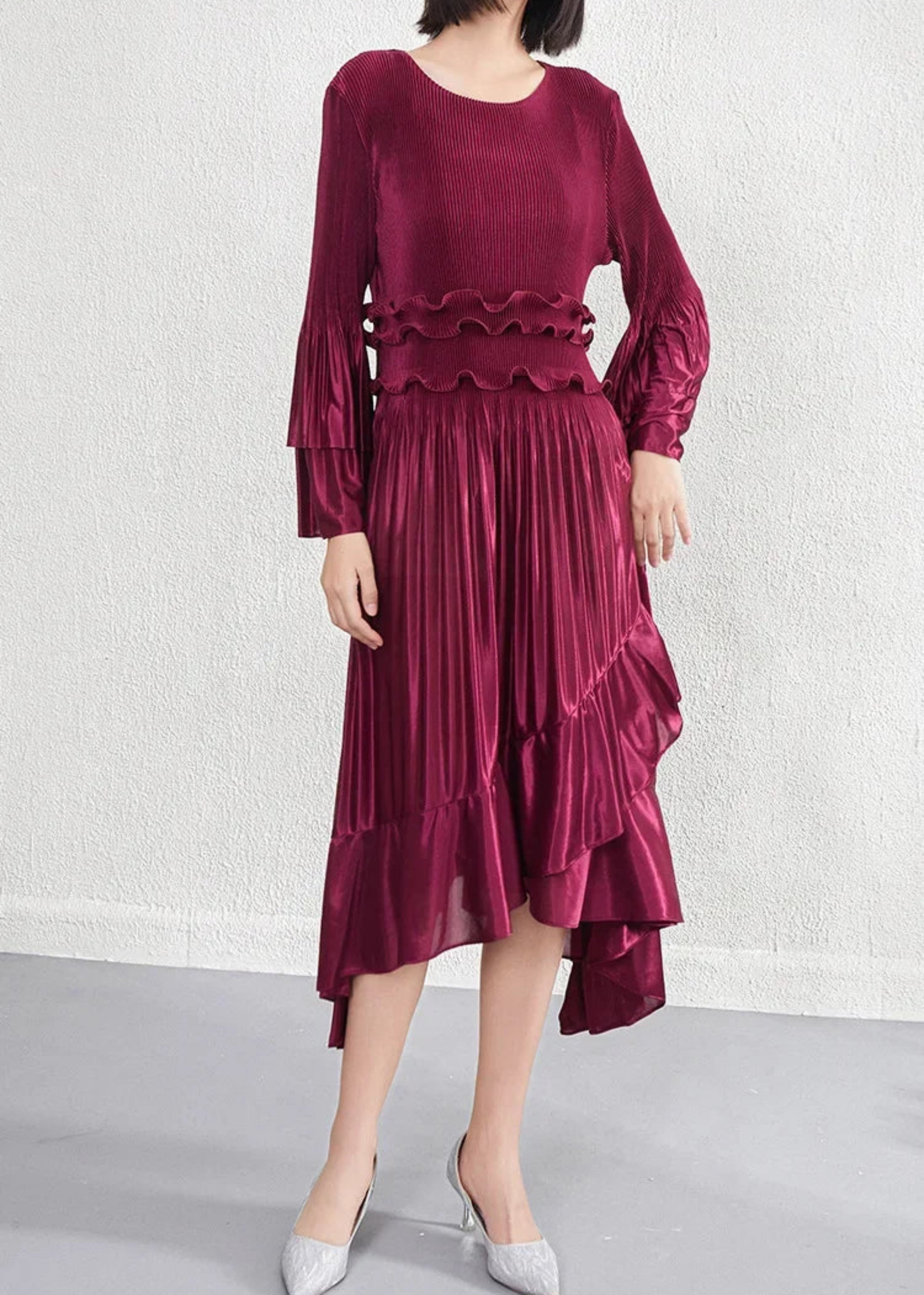 Plissé Pleated Pleats Midi – Travel Formal Tiered Cuff Dress